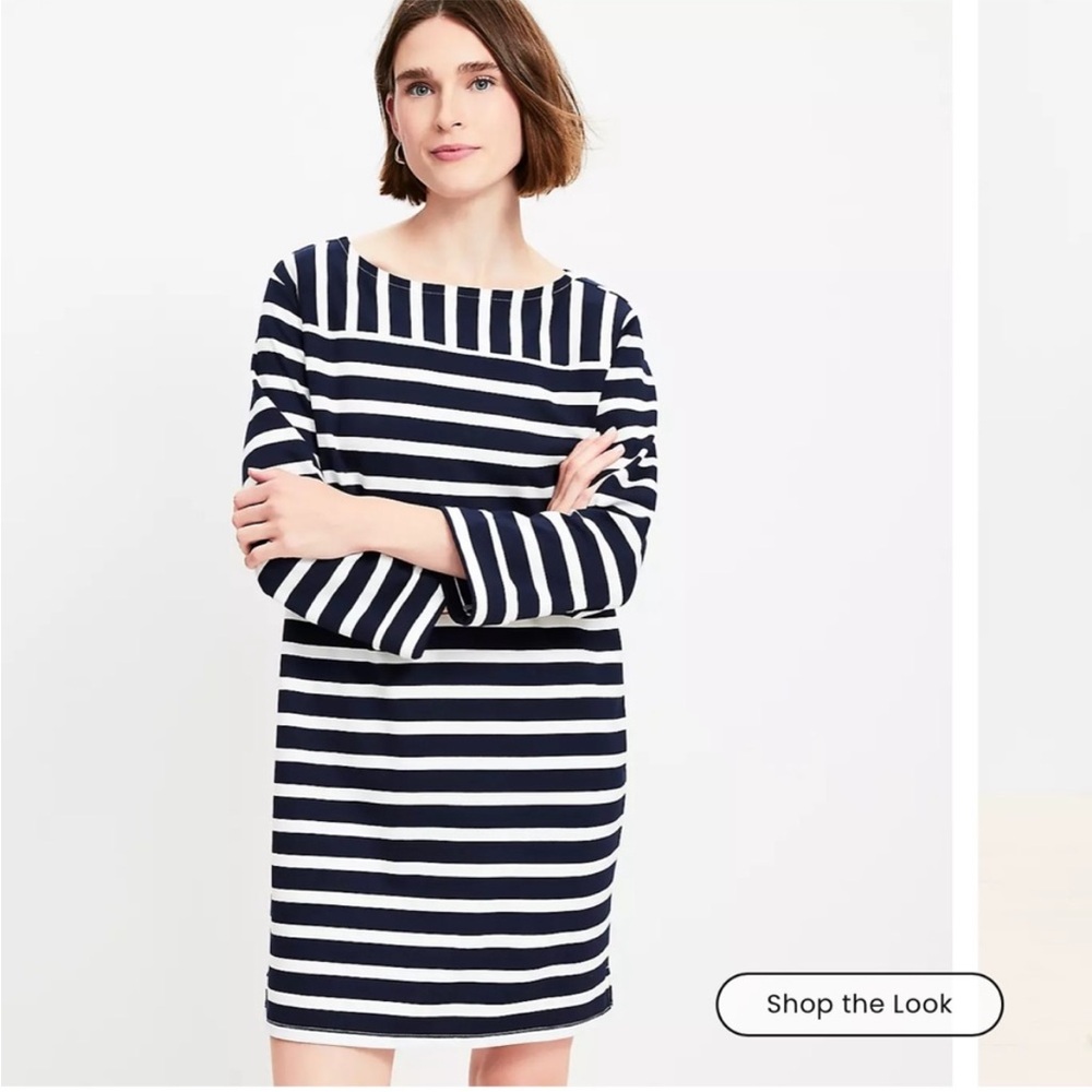 LOFT Navy and White Striped Pointe Shift Mini Dress Preppy Casual Relaxed